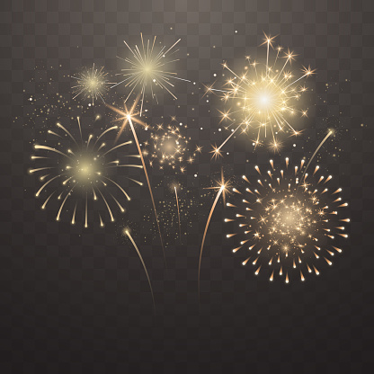 Bright fireworks explosions isolated on transparent background. New Year's Eve fireworks. Festive sparks and explosions. Realistic light effect. Element for yor design. Vector illustration