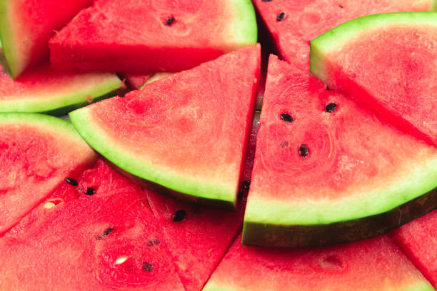 istock Juicy watermelon slices background. Top view. 1181282495