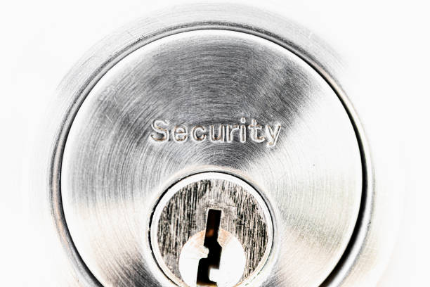 istock Security text on the door lock with key hole and white background. Safety, privacy and security system concept. 1181283524
