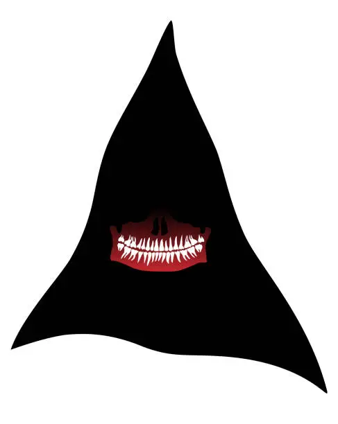 Vector illustration of Halloween Mask of death in a black hood with a lower jaw and teeth. Vector illustration