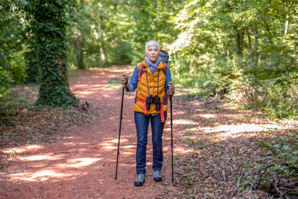 istock Woman with hiking poles in forest. 1181284346