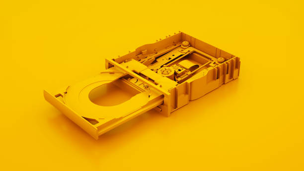 노란색 배경에서 격리된 내부 디스크 드라이브입니다. 3d 일러스트레이션 - playing dvd cd rom equipment 뉴스 사진 이미지