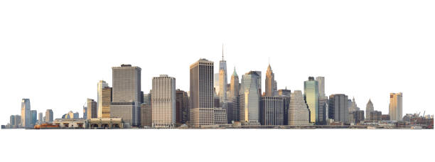 Manhattan skyline isolated on white. Panoramic view of Lower Manhattan from Brooklyn Heights - isolated on white. Clipping path included. one world trade center photos stock pictures, royalty-free photos & images