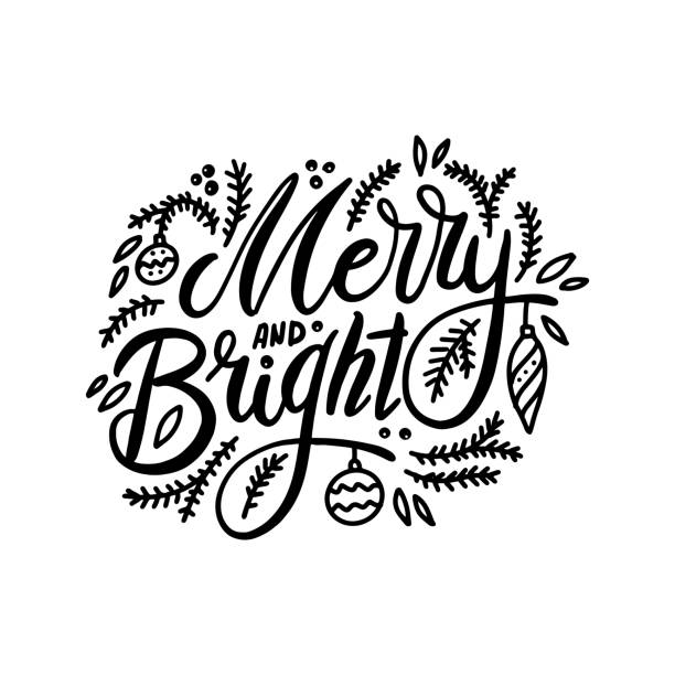 ilustraciones, imágenes clip art, dibujos animados e iconos de stock de feliz y brillante. letras manuscritas con ramitas de abeto y decoraciones de árboles de navidad aisladas sobre fondo blanco. ilustración vectorial para tarjetas de felicitación, carteles - refranes