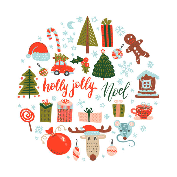 Flat color Doodle vector Christmas design elements. Hand drawn illustration gift, hat, deer, mittens, snowflakes. Round background for greeting card, poster Flat color Doodle vector Christmas design elements. Hand drawn illustration gift, hat, deer, mittens, snowflakes. Round background for greeting card, poster. cartoon cute doodles hand drawn winter season frame design stock illustrations