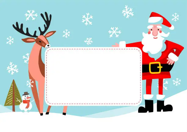 Vector illustration of Cartoon Santa Claus and reindeer with empty banner. Vector vintage Christmas greeting card design. Free space for text.