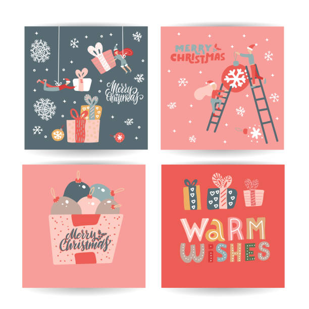 illustrations, cliparts, dessins animés et icônes de ensemble de cartes de noel de griffonnage dessinées à la main mignonnes, brochures, cartes postales avec des boules d'arbre de noel, cadeaux, flocons de neige, neige, petites personnes. fond de vacances de noel, éléments avec le lettrage de main. - christmas tree audio