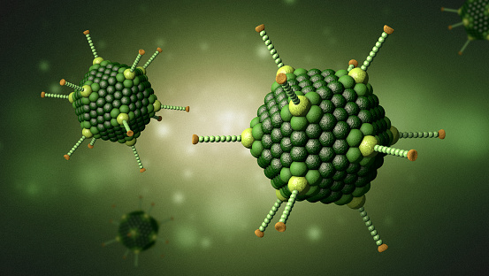 Virus cells of the adenovirus family in icosahedral shape - 3d illustration