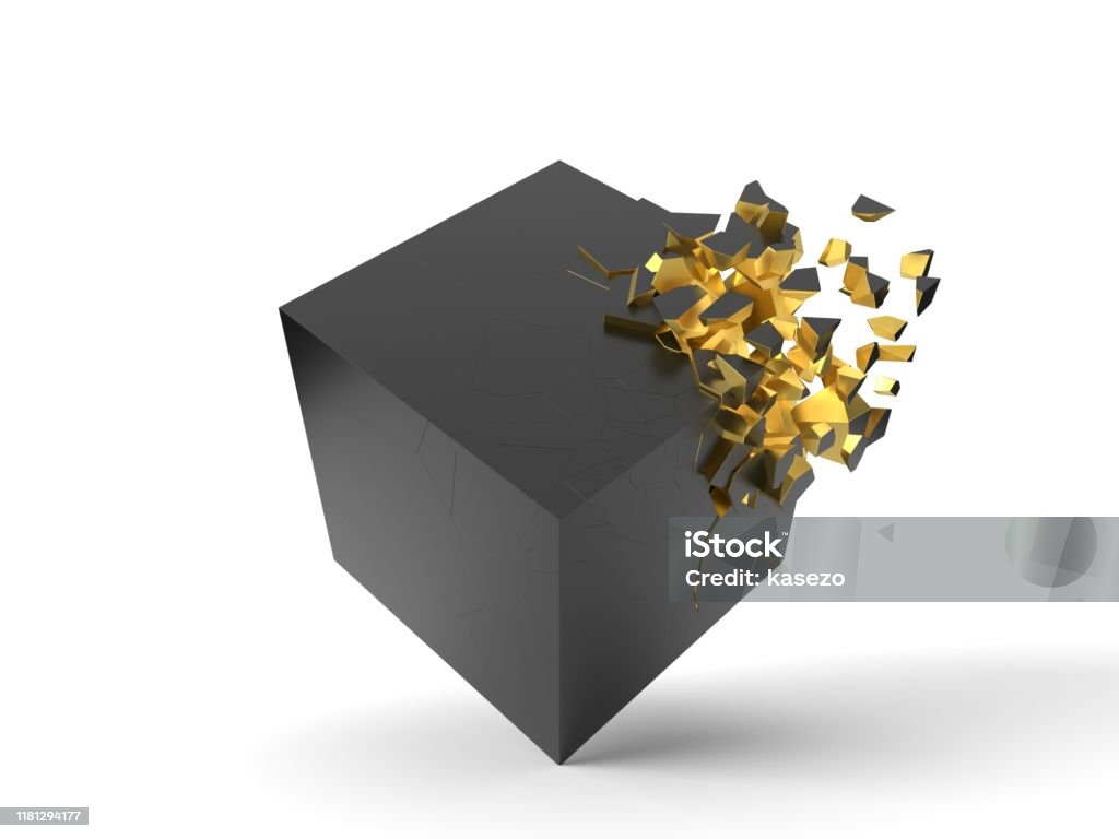 Black Cube Exploding Exploding Black Cube With Gold Inside 3d Illustration Stock Photo ...