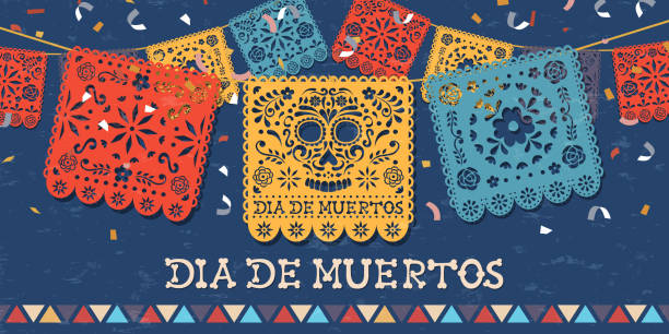 ilustraciones, imágenes clip art, dibujos animados e iconos de stock de día de los cadáveres papelcut bandera del cráneo mexicano - dia de muertos