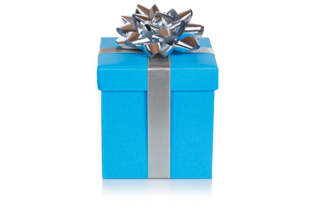 istock Christmas present birthday gift blue box ribbon isolated on white 1181297484