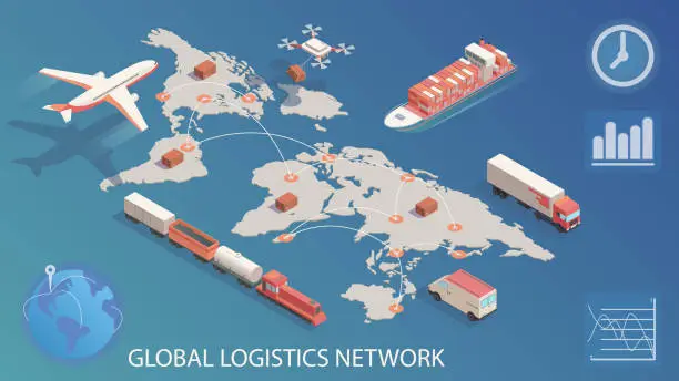 Vector illustration of Isometric global logistics network. Concept of air cargo trucking rail, transportation maritime shipping, delivery by DRON, on-time delivery vehicles.
