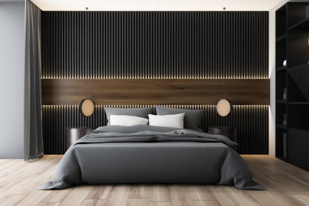 istock Dark wood and gray bedroom interior 1181303192