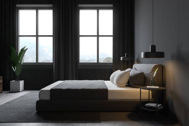 istock Side view of gray bedroom with windows 1181303230