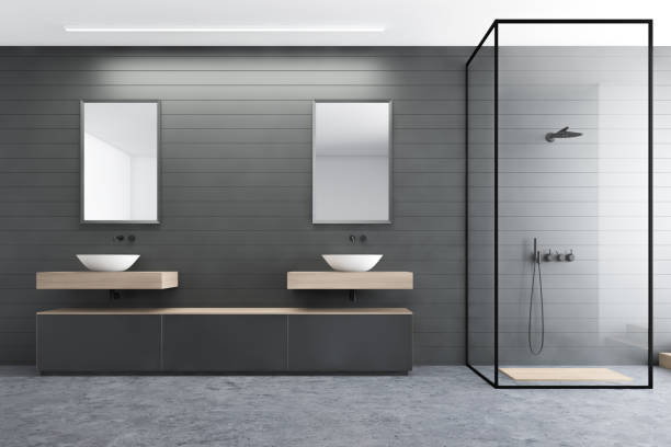 istock Gray bathroom interior, sink and shower 1181303331
