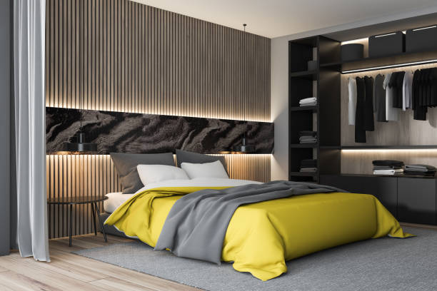 istock Wooden and marble bedroom corner with wardrobe 1181303504