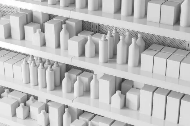 Side view of white supermarket shelves with products in mock up bottles and boxes. Concept of trade and business. 3d rendering
