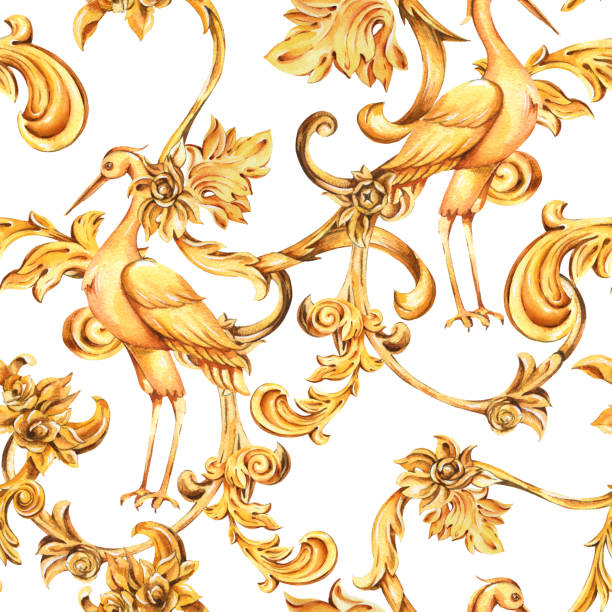 istock Watercolor golden baroque crane seamless pattern, floral curl, rococo ornament. Hand drawn gold scroll, leaves on white background 1181306054
