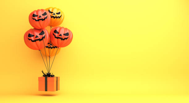 istock Happy Halloween design creative concept celebration holiday, pumpkin balloon, gift box on orange background. 1181313164