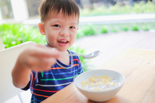 Cute smiling little Asian 3 years old toddler boy child wearing striped t shirt use spoon eating cereal breakfast, Self Feeding, Encourage Self-Help Skills in Children, Develop Confidence concept