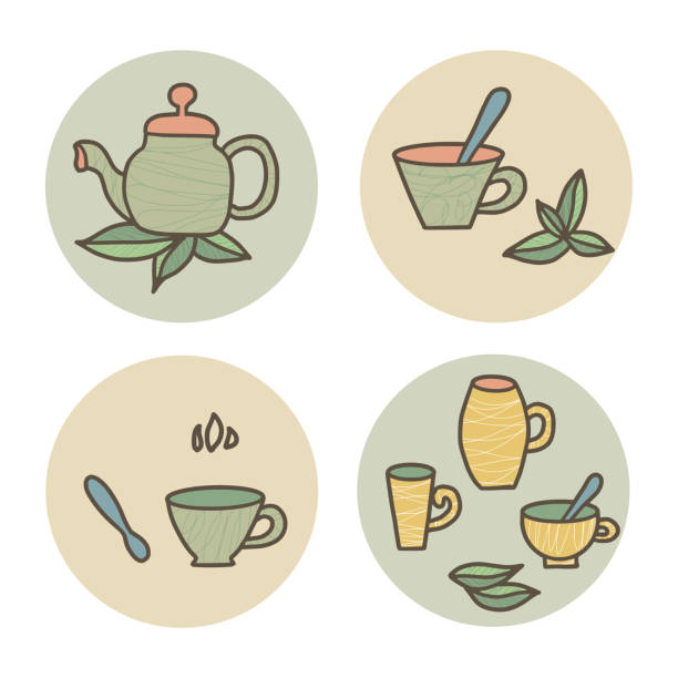 ilustrações de stock, clip art, desenhos animados e ícones de tea set. cups and teapots. vector illustration. - hot chocolate cup chai heat