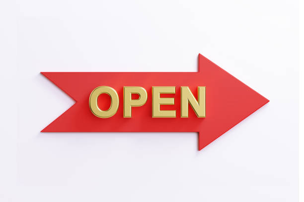 Open sign on white background. Horizontal composition with copy space.