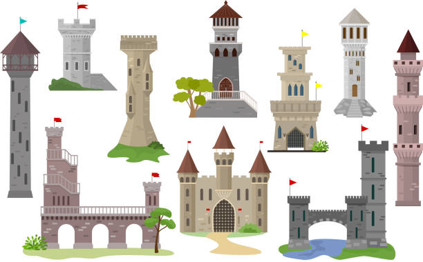 ilustraciones, imágenes clip art, dibujos animados e iconos de stock de castillo de dibujos animados vector de cuento de hadas torre medieval de edificio de palacio de fantasía en reino de hadas ilustración conjunto de casa histórica de cuento de hadas aislado sobre fondo blanco - tower