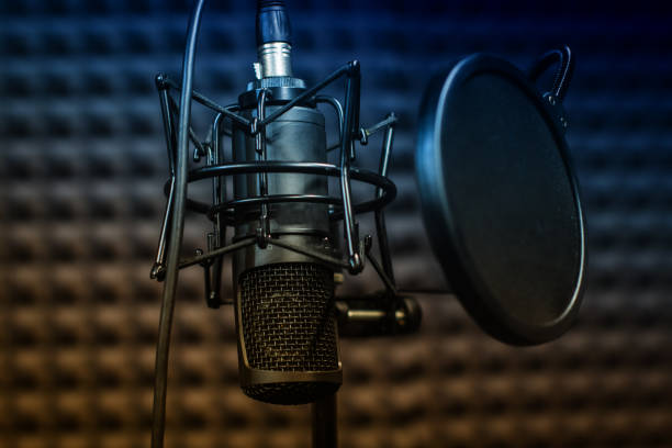 istock Microphone close - up on the background of a professional recording Studio. Workplace singers and musicians. Microphone stand for recording vocals, speakers and sound of musical instruments. 1181316613