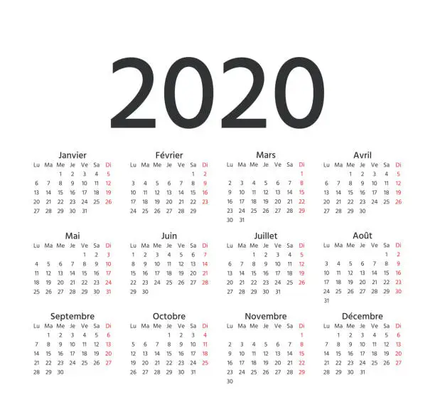 Vector illustration of 2020 French Calendar. Vector illustration. Template year planner.