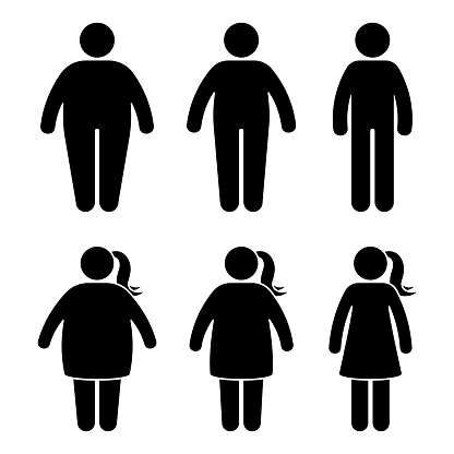 Fat stick figure vector icon set. Obese people couple black and white flat style pictogram on white background