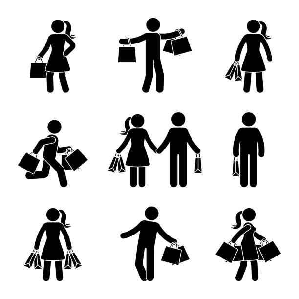 ilustrações de stock, clip art, desenhos animados e ícones de stick figure male and female holding shopping bags vector icon pictogram. seasonal sale, black friday happy people with purchase on white background - box medicine container square shape