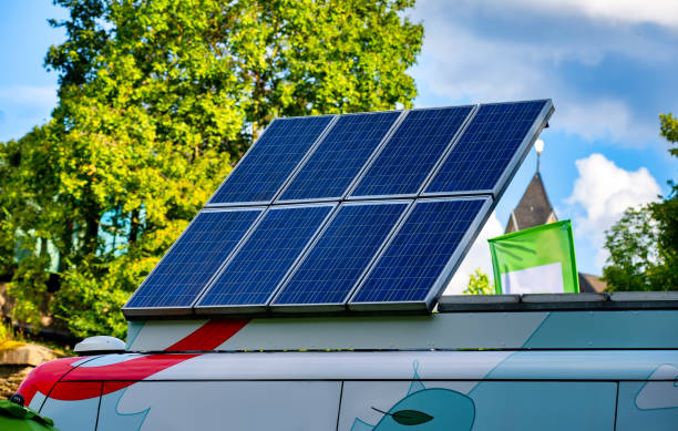 Solar panels on the roof of a bus - alternative electricity source stock photo