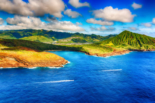 The Hanauma Bay Nature Preserve along the magnificent and unique coastline of the northern shores of the island of Oahu, Hawaii, shot from an altitude of about 1000 feet over the Pacific Ocean.