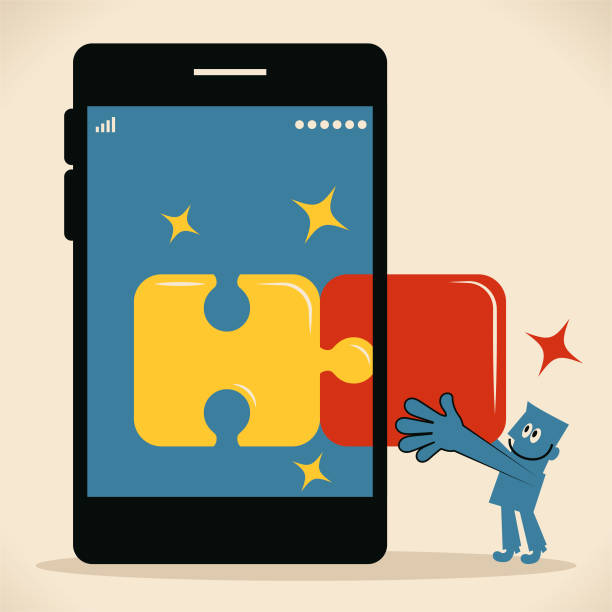 Blue man putting a Jigsaw Piece into a mobile phone to complete jigsaw puzzles Blue Little Guy Characters Full Length Vector Art Illustration.
Blue man putting a Jigsaw Piece into a mobile phone to complete jigsaw puzzles. game developer stock illustrations