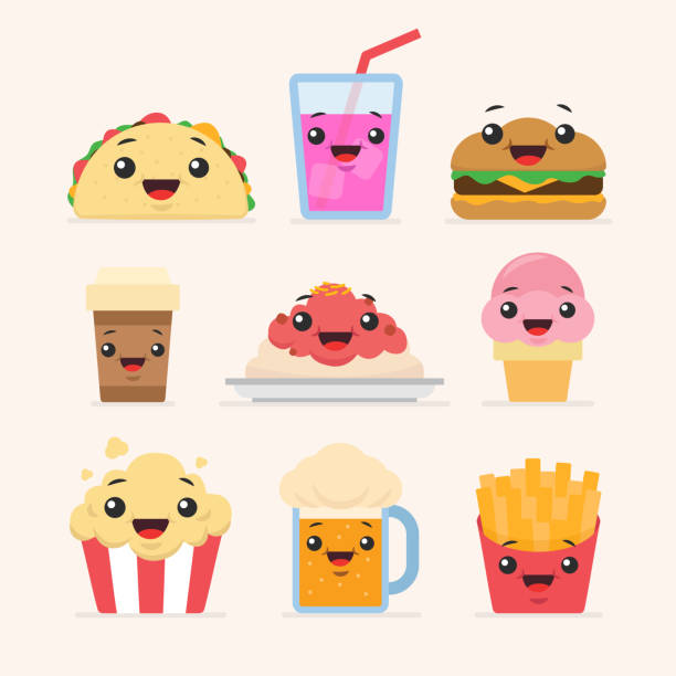 Set of vectored illustrations of cute food characters. Illustrations of Taco, Juice, Burger, Coffee, Spaghetti, Ice cream, Popcorn, Beer, French Fries. Cute cartoon vector food illustration. ian stock illustrations