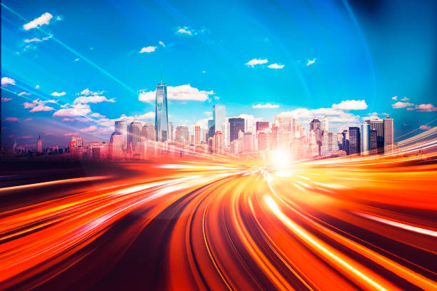 istock Motion blur effect with modern city in background 1181331352