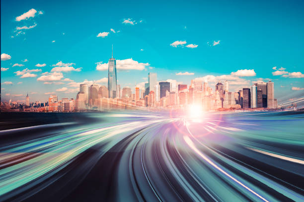 istock Motion blur effect with modern city in background 1181331361