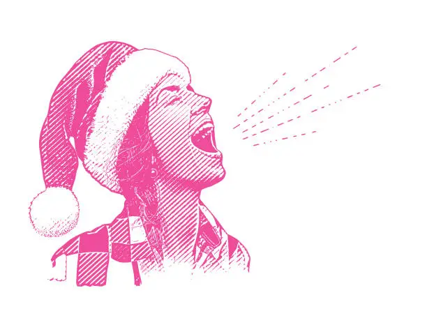 Vector illustration of Young woman wearing Santa hat singing