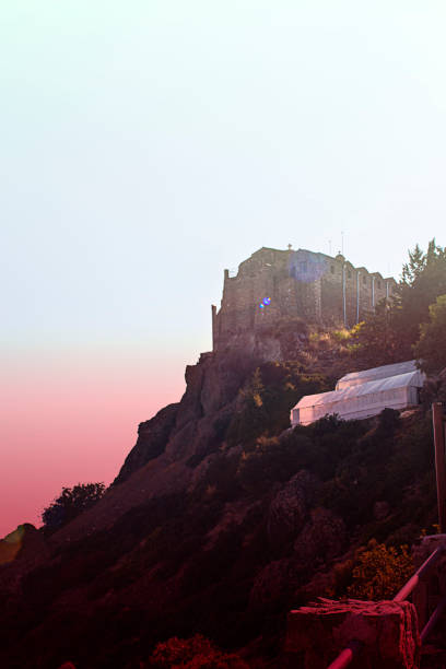 산의 꼭대기에 서 있는 그리스 정교회 수도원인 밝은 뒷편리의 스타브로부니 수도원. 수평. 실루엣. - mount saint helena 뉴스 사진 이미지