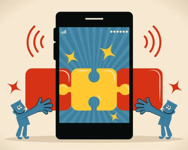 Vector illustration of Two blue men putting Jigsaw Pieces into a mobile phone to complete jigsaw puzzles