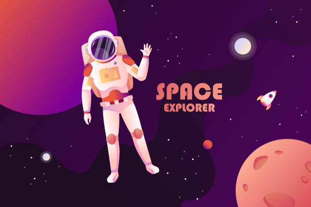 istock Astronaut in space waves his hand. Planets and the universe. Vector cartoon colorful illustration. Background 1181338310