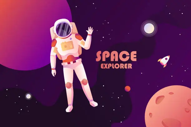 Vector illustration of Astronaut in space waves his hand. Planets and the universe. Vector cartoon colorful illustration. Background