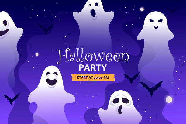 istock Dark Halloween banner with ghosts. A crowd of spirits soars into the sky. Blue background. Vector cartoon illustration. 1181338347