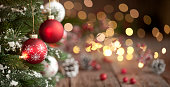 Christmas Tree, Ornaments and Defocused Lights Background