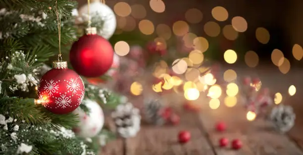 Photo of Christmas Tree, Ornaments and Defocused Lights Background