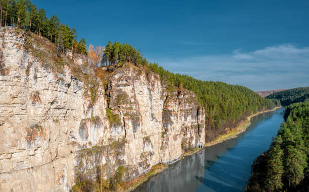 istock Aerial view; camera moving from behind autumn forest to river 1181345621