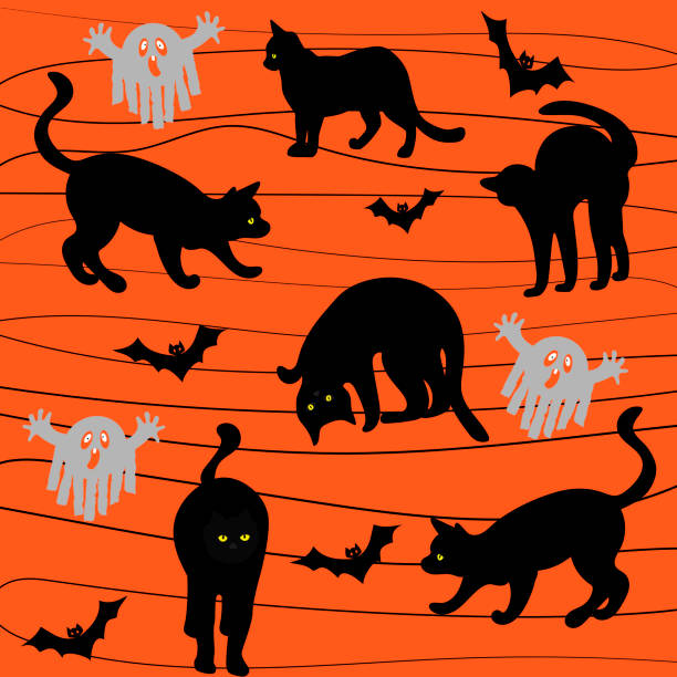 silhouetten von schwarzen katzen in verschiedenen posen, fledermäuse und geister auf einem orangen hintergrund. halloween - geist grafiken stock-grafiken, -clipart, -cartoons und -symbole