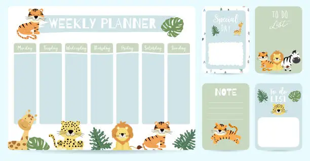 Vector illustration of cute animal weekly planner background with giraffe,tiger,lion,leopard.Vector illustration for kid and baby.Editable element