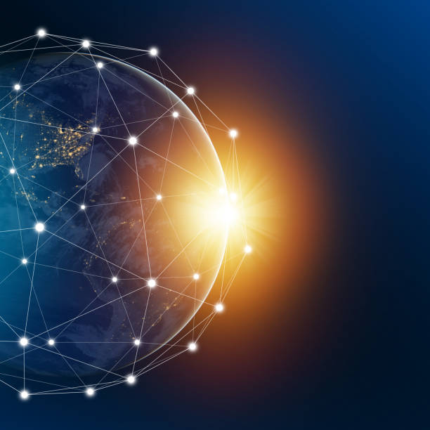 istock Sun Comes Out from Behind Earth in Space with Geometric Network Polygon Graphic Background 1181351485