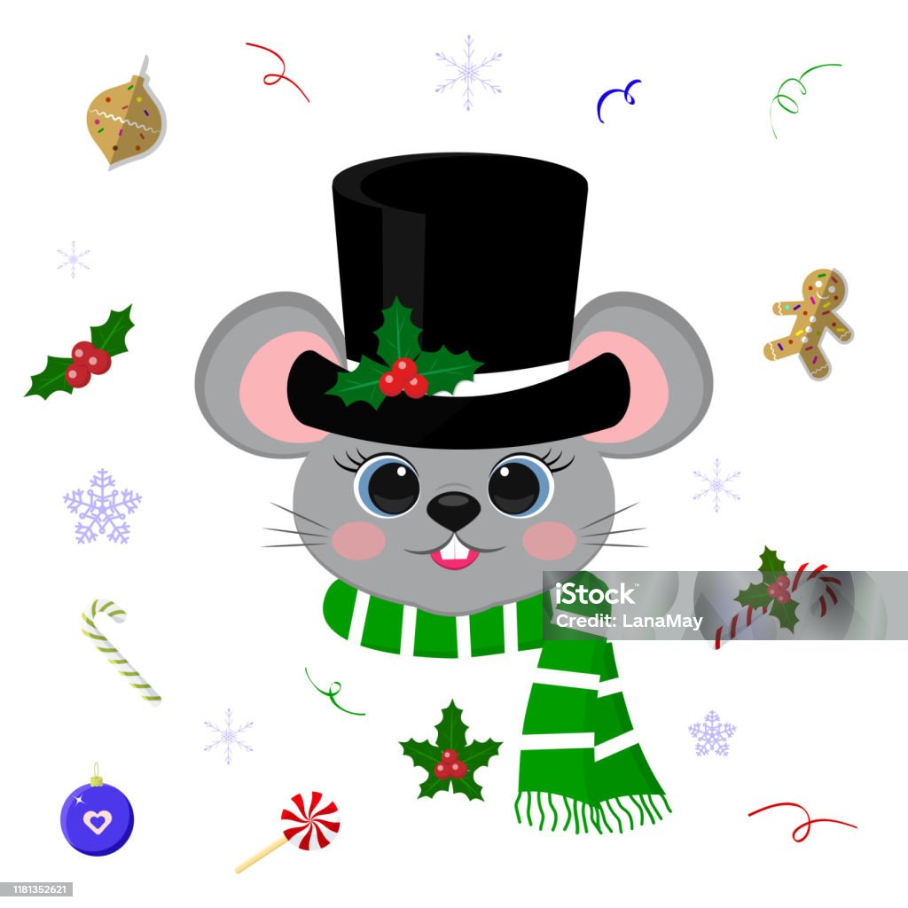 Ilustración de Feliz Año Nuevo Y Feliz Navidad Ratones Lindos O Ratas Con  Ojos Azules En Un Sombrero De Hombre De Nieve Negro Y Bufanda Elementos  Navideños El Año De La Rata